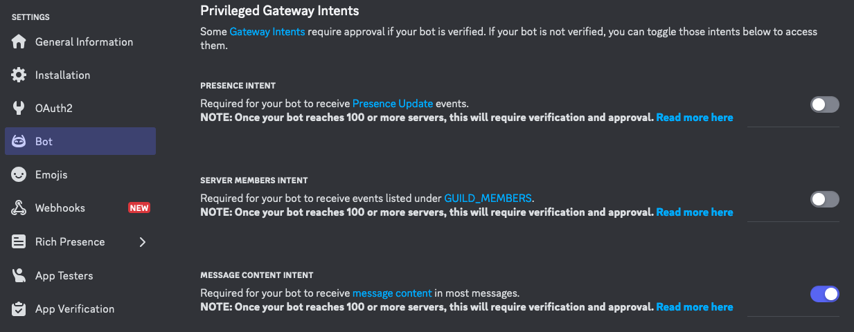 example privileged gateway intents in Discord Developer portal